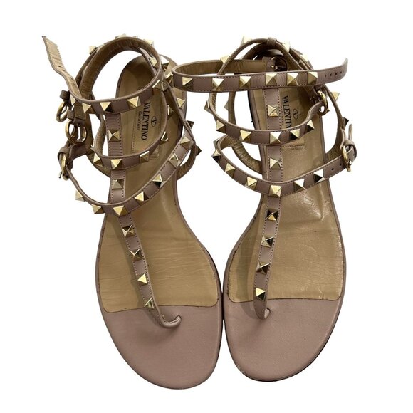 Valentino Shoes - Valentino Rockstud Leather Strappy Flat Sandals in Poudre